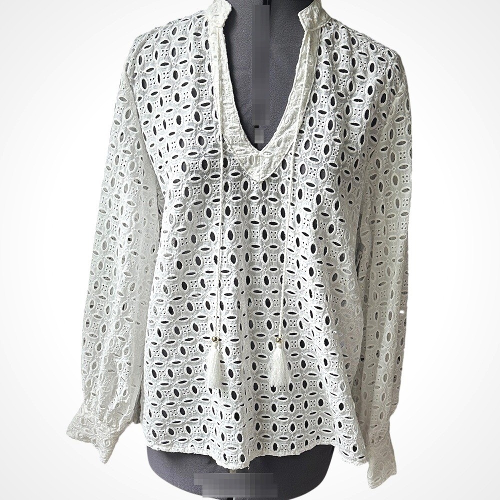 INC International Concepts Cotton White Eyelet Lace Tassel Tie Blouse Top Size M